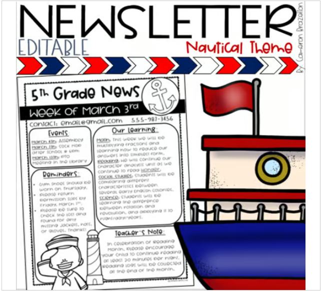Weekly Classroom Newsletter Template Nautical Sailing Sea Theme ...