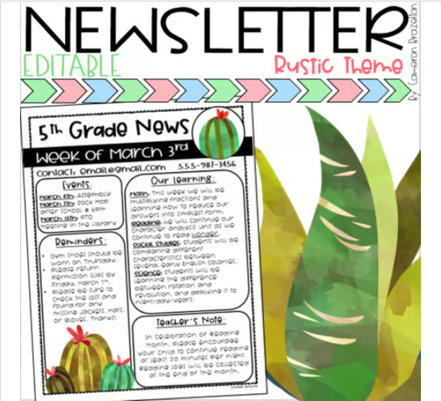 Weekly Classroom Newsletter Template Rustic Farmhouse Succulents Theme ...