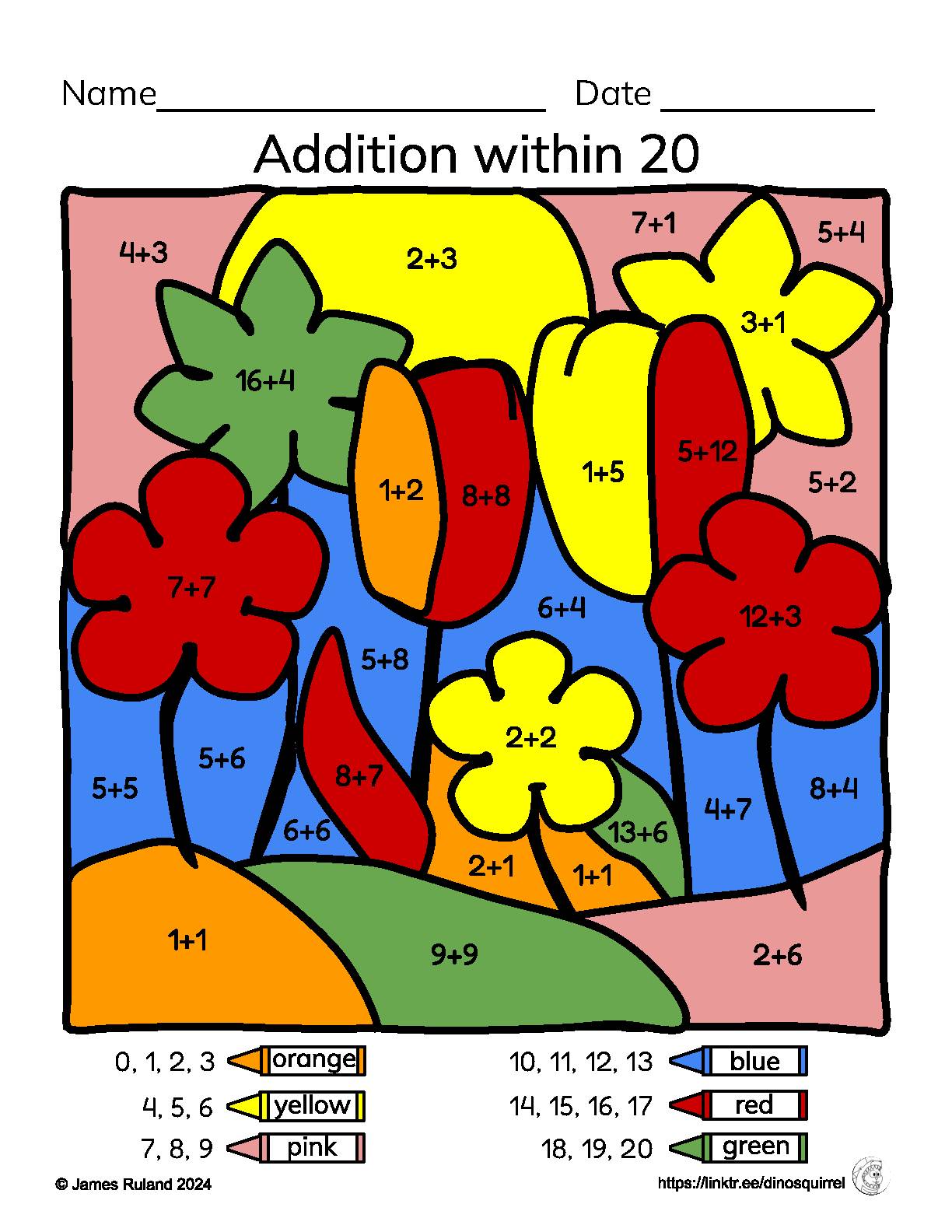 SPRING Color by ADDITION and SUBTRACTION within 20, math facts practice ...