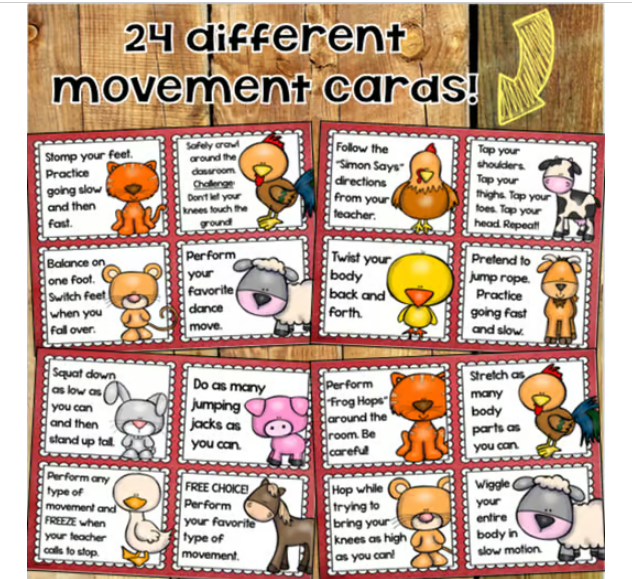 Brain Breaks Movement Cards Farm Animals Barn Theme - Classful