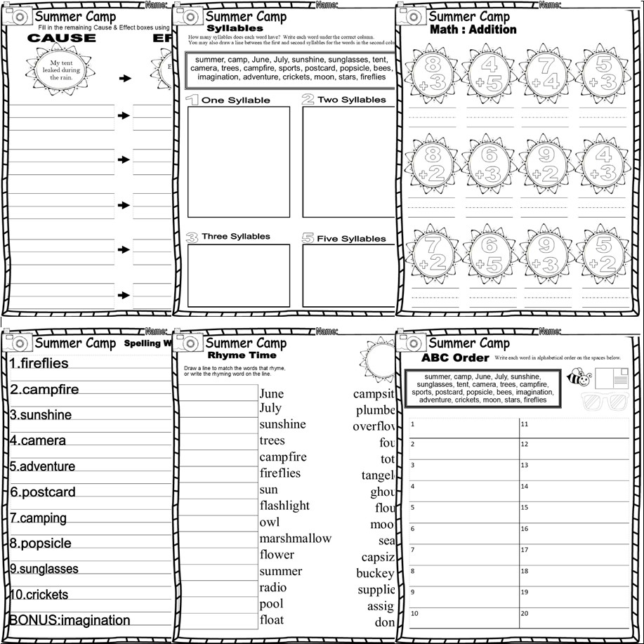 Camping Summer Camp Theme NO PREP Worksheets Writing Activities Math ...