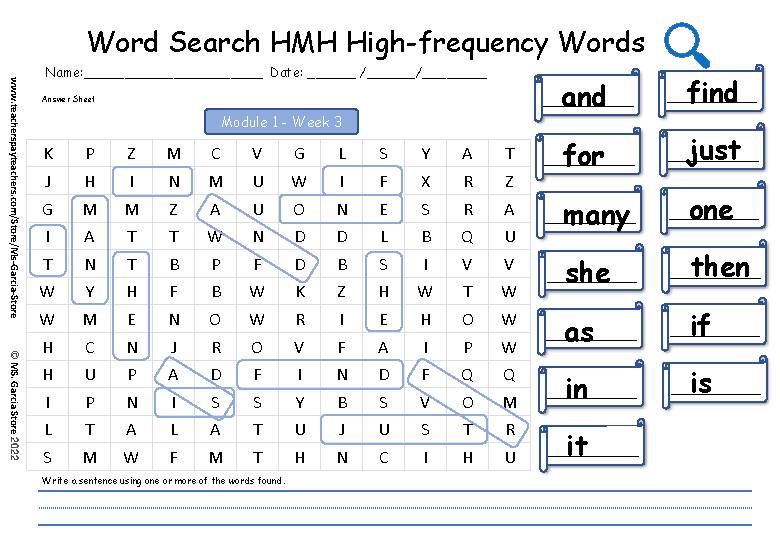 Word Search - Find, trace, and write the HMH's High-Frequency Words and ...