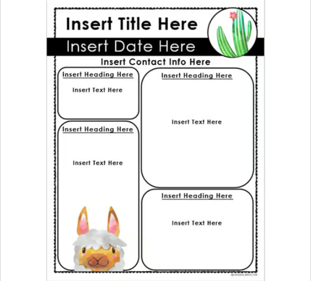 Weekly Newsletter Template Llama and Cactus Watercolor Theme EDITABLE ...