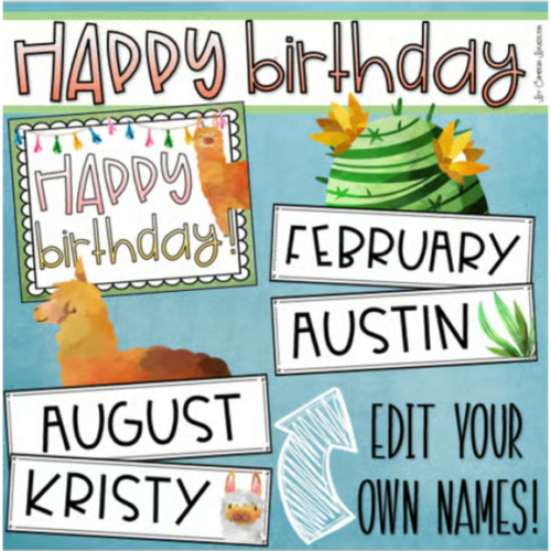 Happy Birthday Bulletin Board Display Posters Llama and Cactus Theme ...