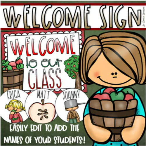 Welcome To Our Classroom Door Sign Display Apple Theme Editable - Classful