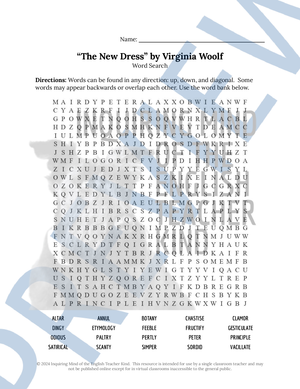 The New Dress by Virginia Woolf Vocabulary Games for High School - Classful