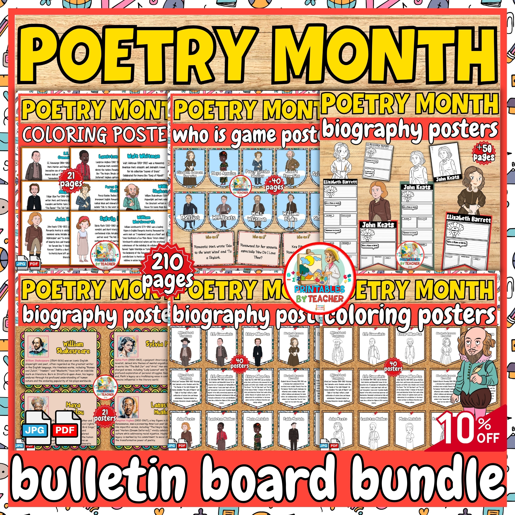 National Poetry Month bulletin board Bundle | Famous Poets biography ...