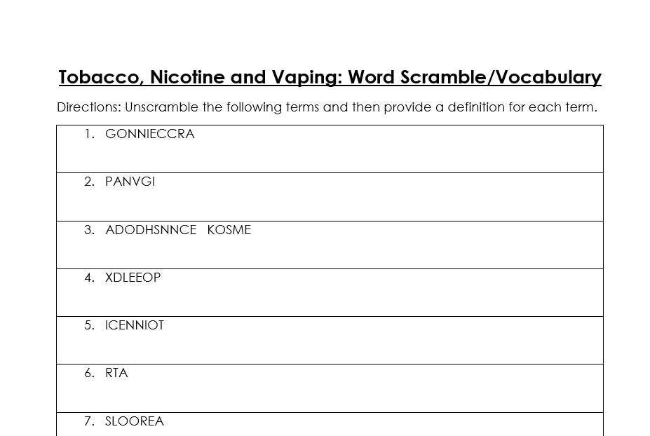 unscramble tobacco Tobacco, Nicotine, and Vaping- Word Scramble Vocabulary Worksheet (Health)