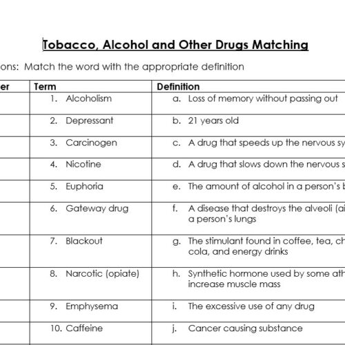 Tobacco, Alcohol, and Other Drugs Matching Worksheet (Health/Health Sciences)