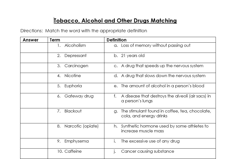 alcohol tobacco and other drugs worksheet Tobacco, Alcohol, and Other Drugs Matching Worksheet (Health/Health  Sciences)