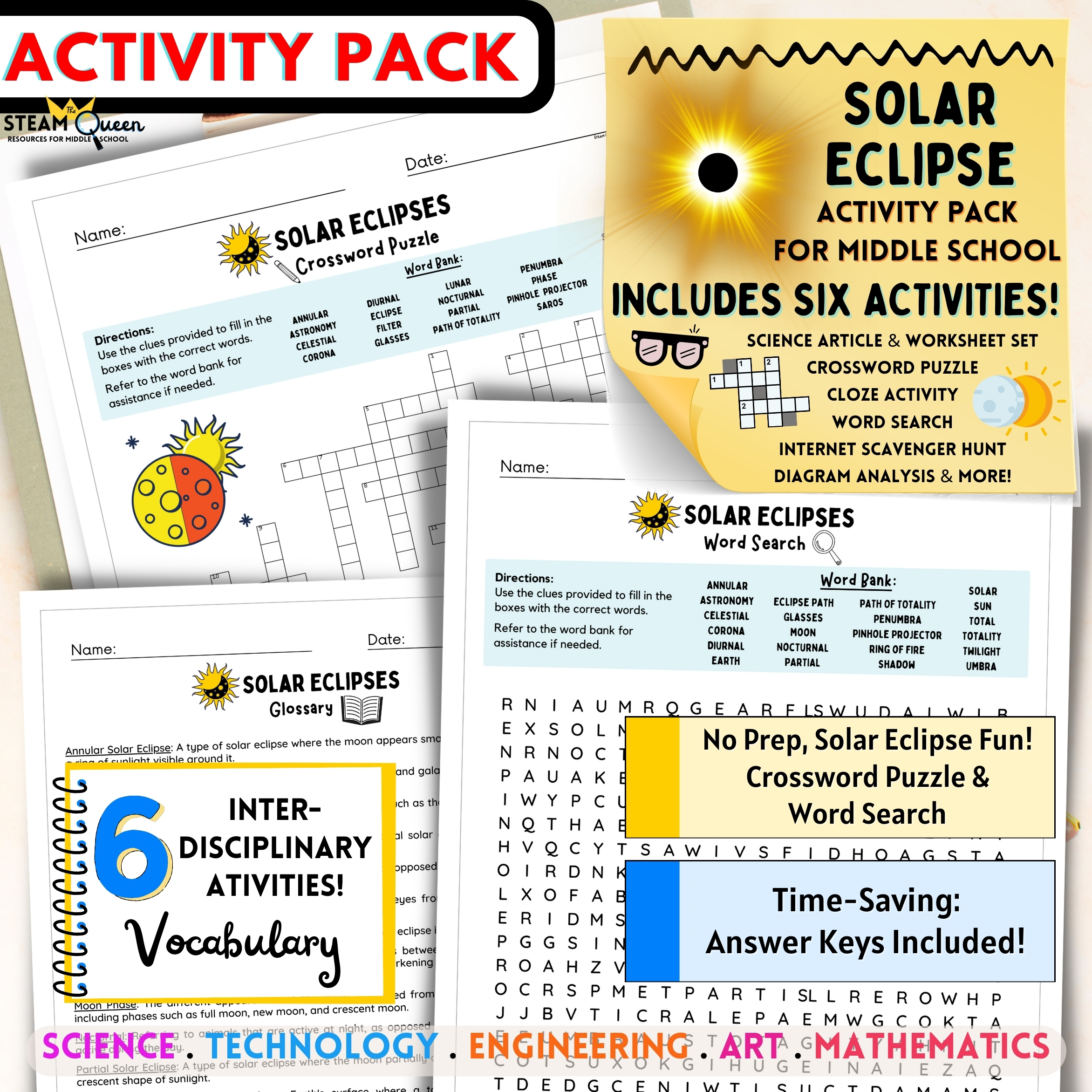Solar Eclipse 2024! SIX Activities! Crossword Puzzle Word Search Scavenger  Hunt Article and Question Set Games and More! For Middle School Homeschool  High School Solar Eclipse Activities - Classful