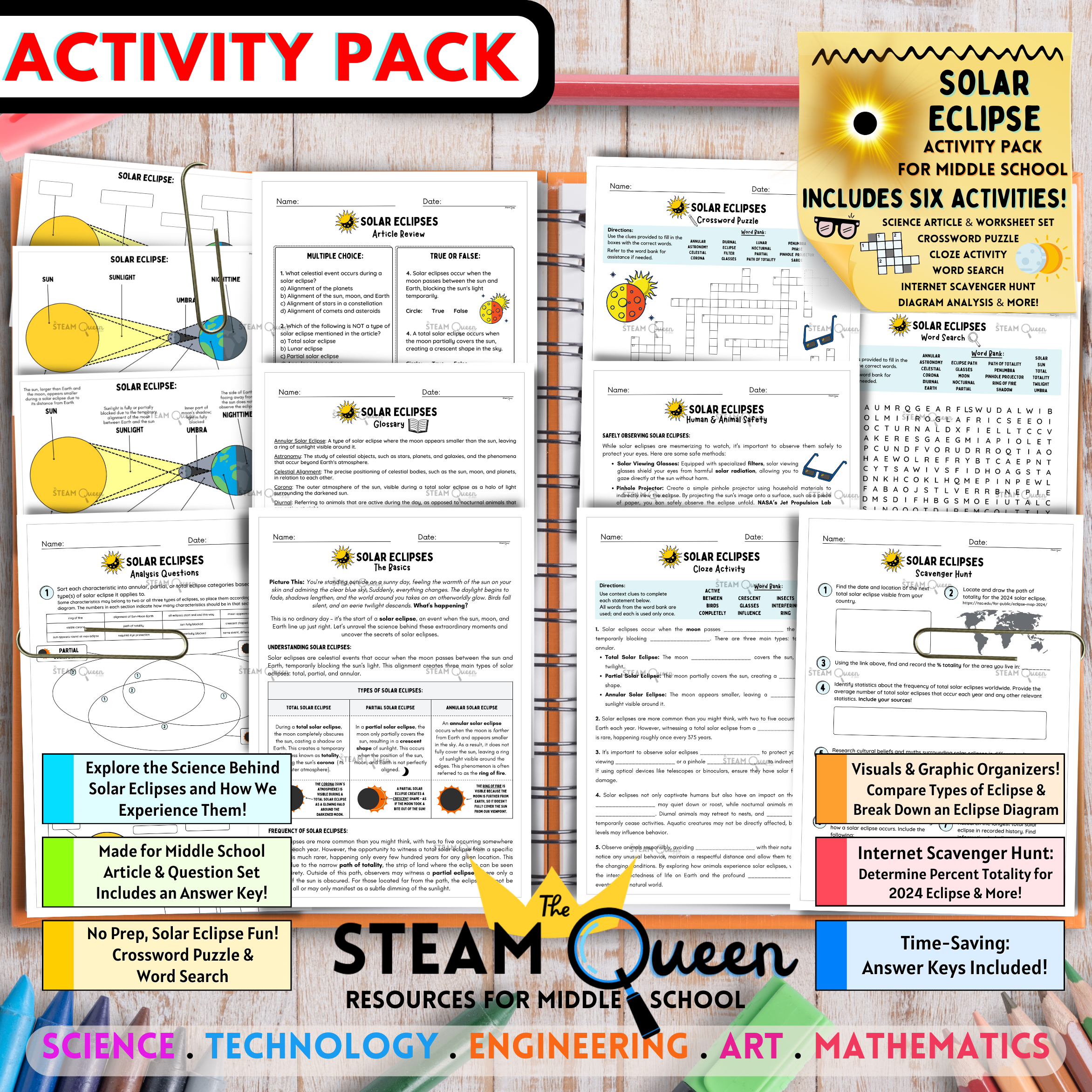 Solar Eclipse 2024! SIX Activities! Crossword Puzzle Word Search Scavenger  Hunt Article and Question Set Games and More! For Middle School Homeschool  High School Solar Eclipse Activities - Classful