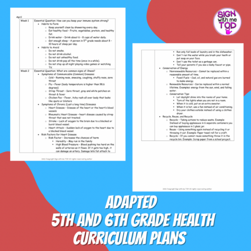 Health Curriculum 10 Month Plans - 5th & 6th Grade - Adapted and ...