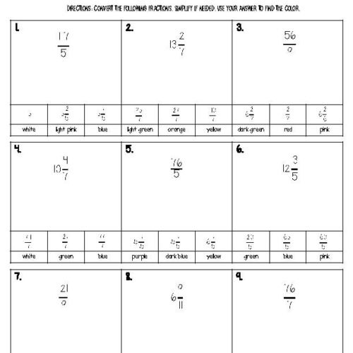 Fractions Color By Number Activity 4th Grade Mixed Numbers & Improper ...