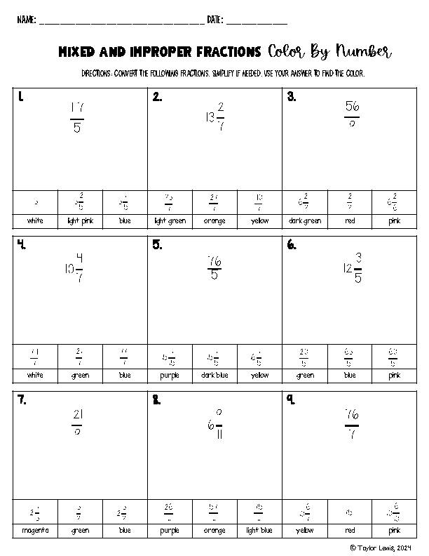 Fractions Color By Number Activity 4th Grade Mixed Numbers & Improper ...