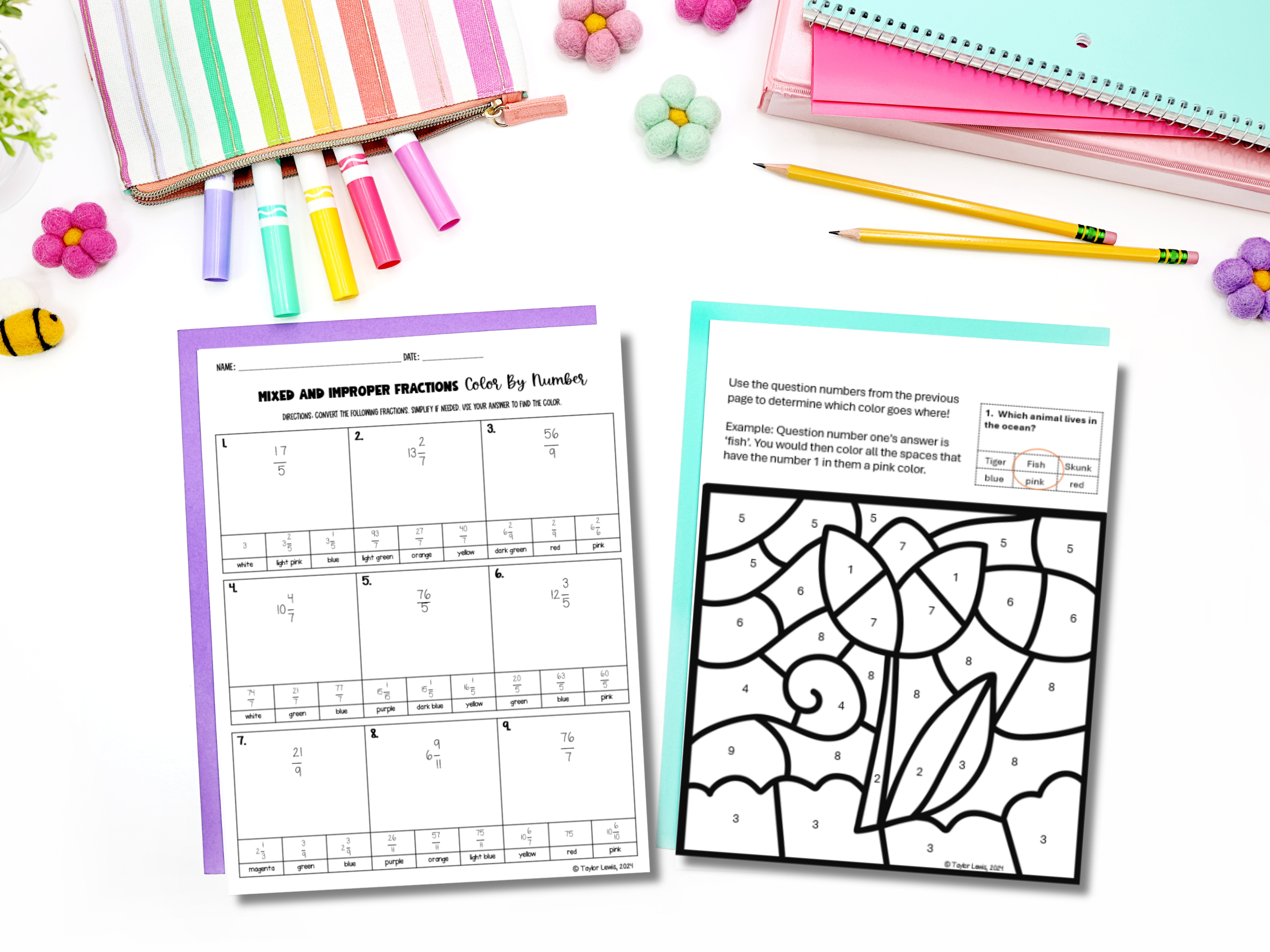 Fractions Color By Number Activity 4th Grade Mixed Numbers & Improper ...