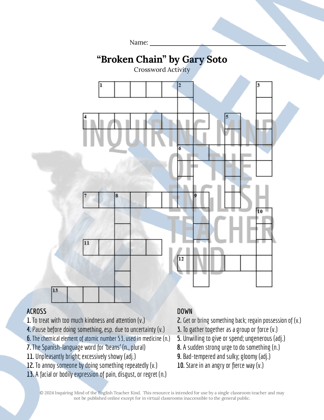 Broken Chain by Gary Soto Vocabulary Games (Crossword Puzzle, Word