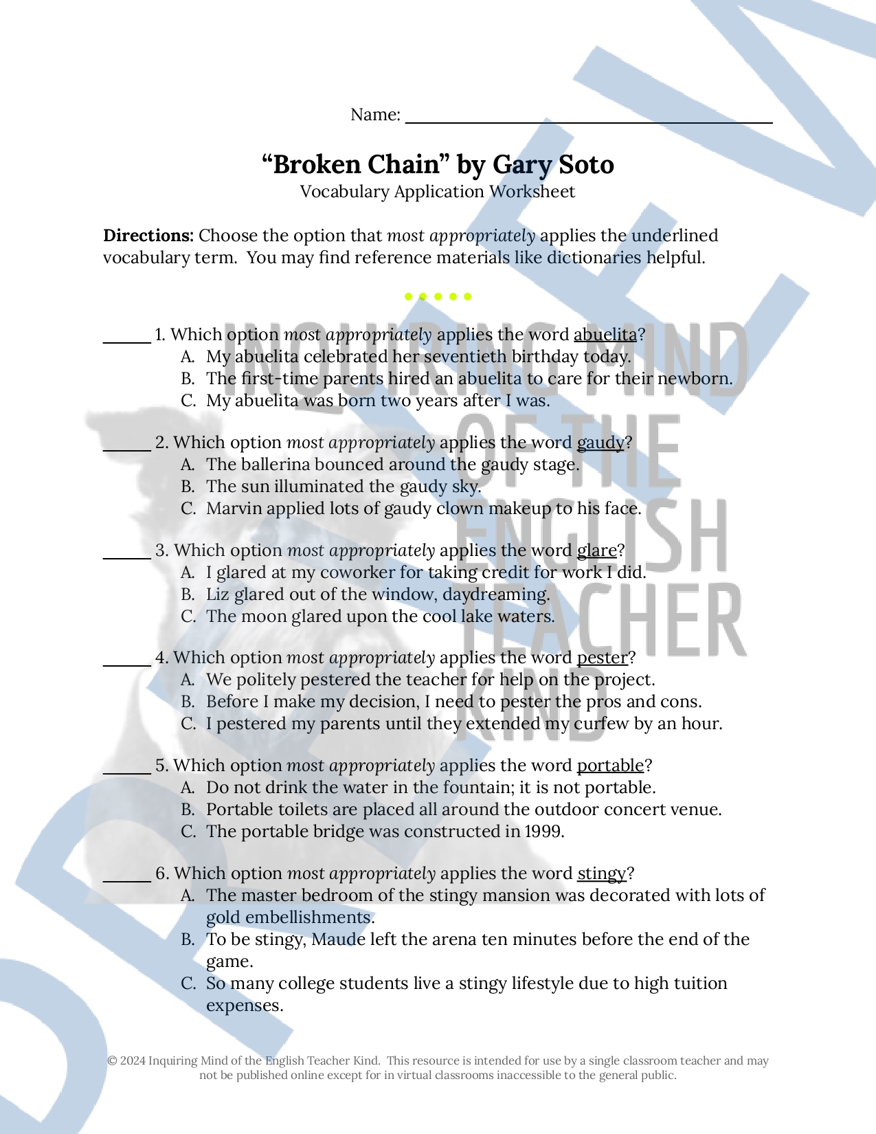 Broken Chain by Gary Soto Vocabulary Games (Crossword Puzzle, Word