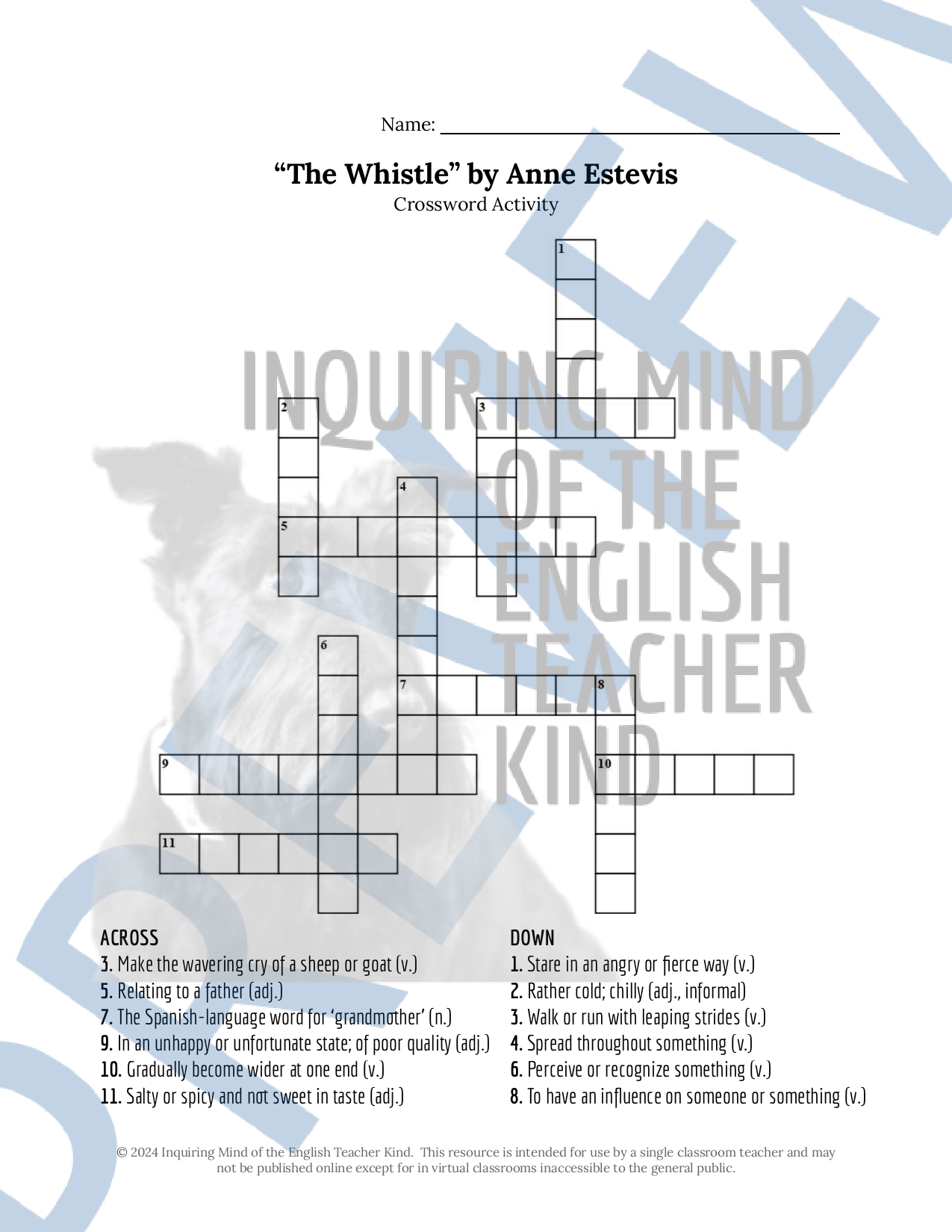 The Whistle by Anne Estevis Vocabulary Games (Crossword Puzzle, Word