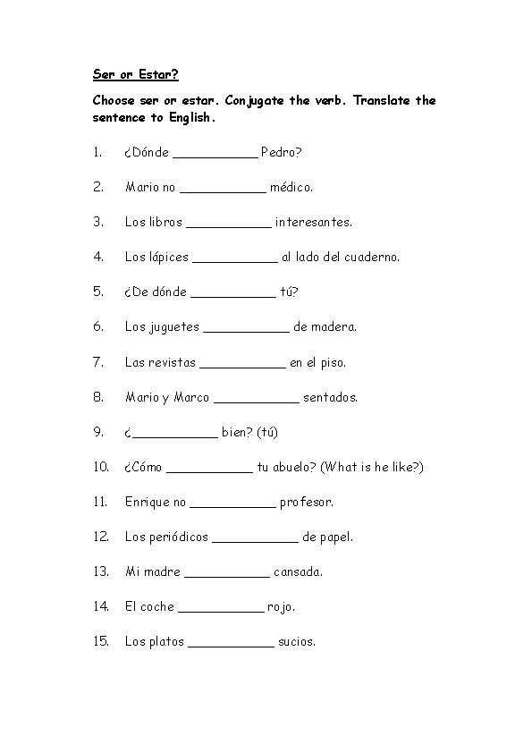 Estar Worksheet Ser” Vs “Estar” Worksheets | 99Worksheets