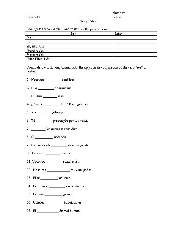 Estar Worksheet Ser” Vs “Estar” Worksheets | 99Worksheets