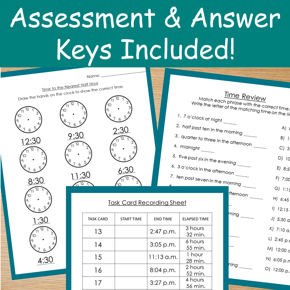 3rd Grade Telling Time to the Minute & Elapsed Time Worksheets and Task ...