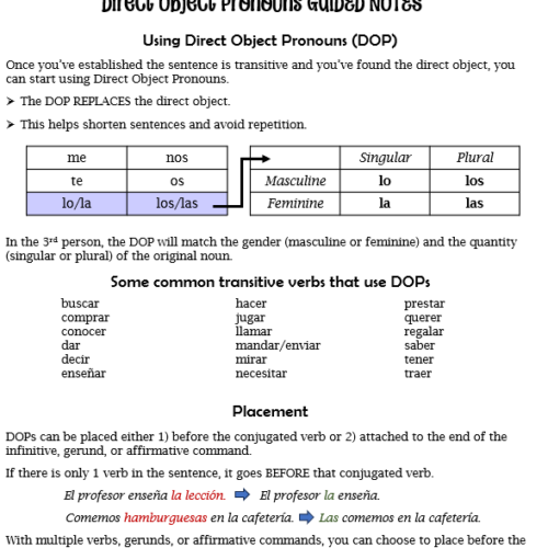 Spanish Direct Object Pronouns Guided Notes and Practice - Classful