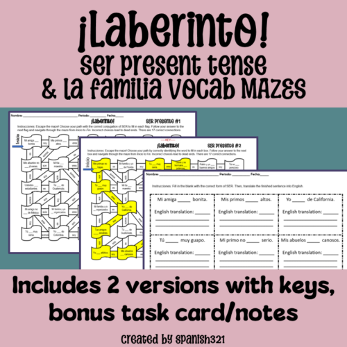 Spanish Ser present tense and la familia vocab printable Laberinto Maze ...