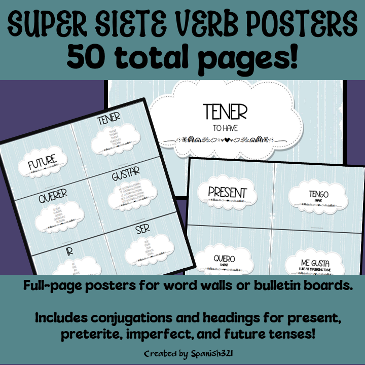 Spanish Super Siete High Frequency Verb Posters Calm Cloud Boho Style ...