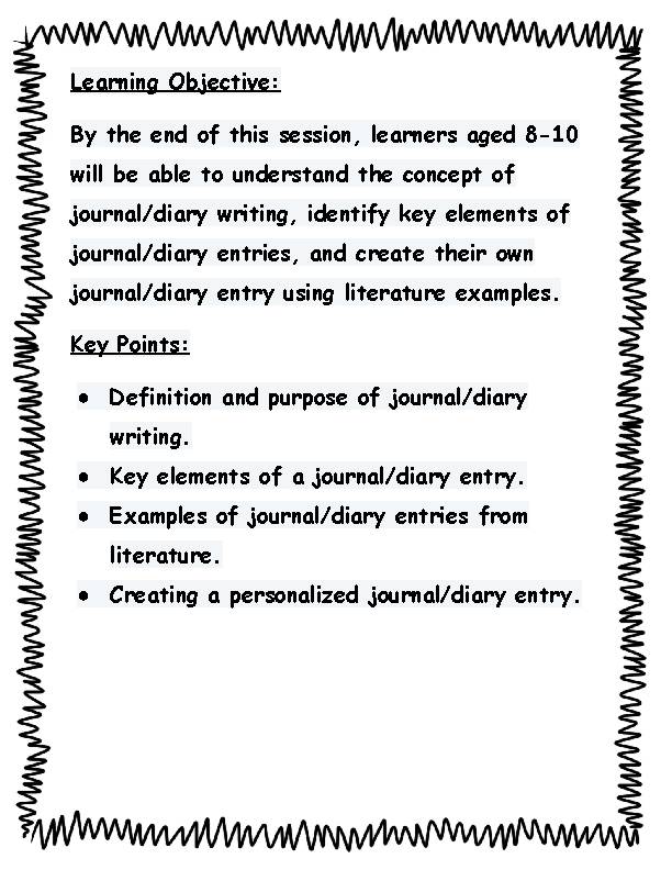 JOURNAL &amp; DIARY WRITING- LESSON PLAN, SUGGESTED READING 