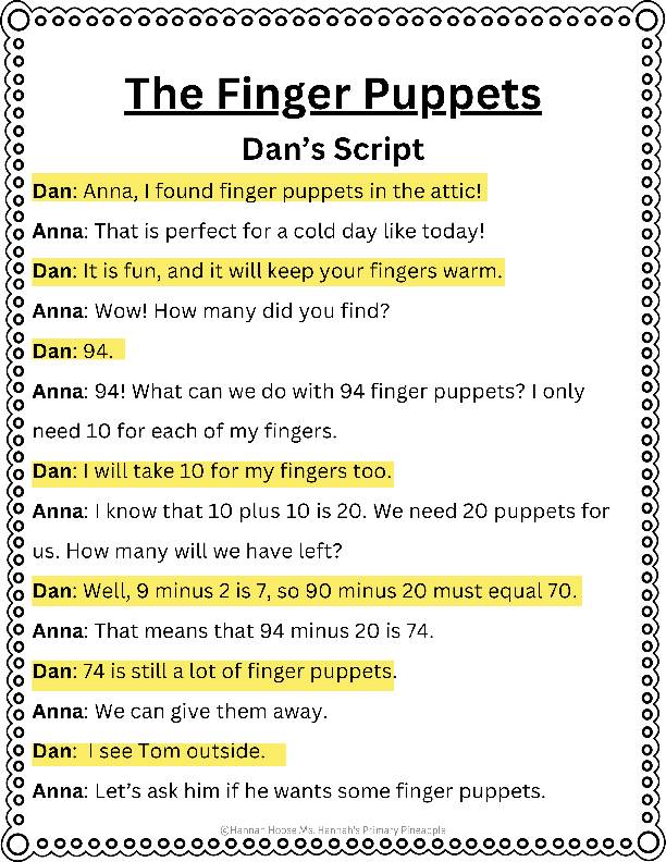 Math Reader's Theatre Script, Worksheets, Word Problems- Subtract Tens ...