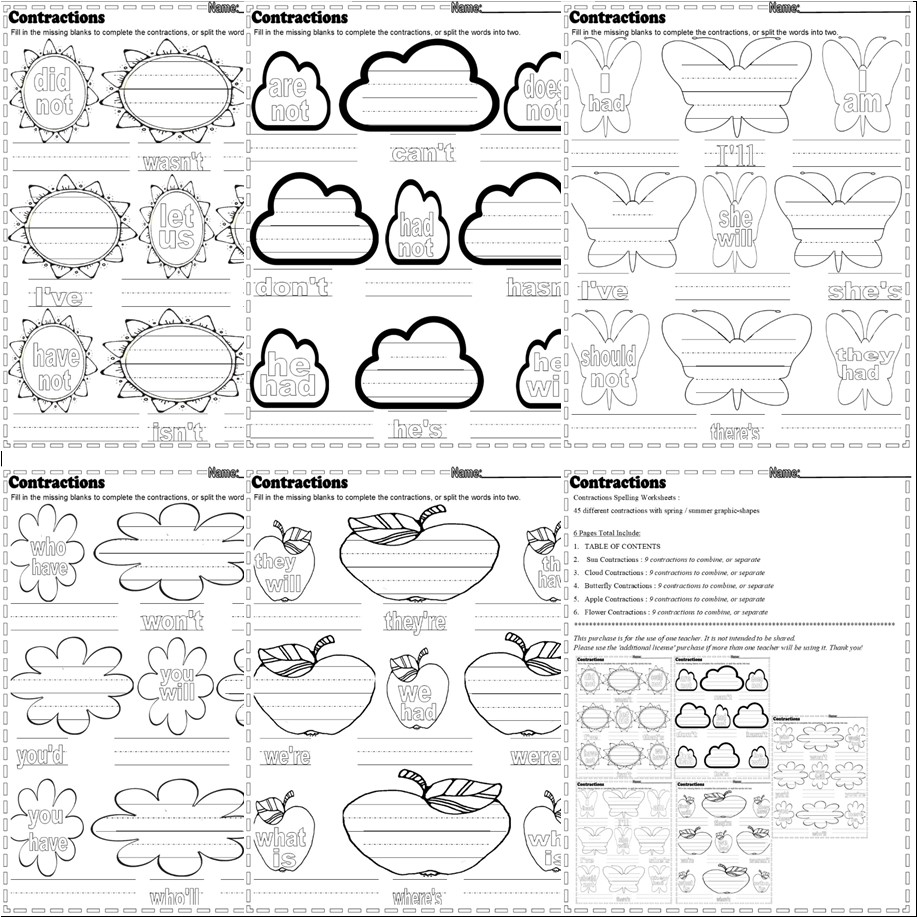 Contractions Spelling Practice Worksheets 45 words Spring Summer Theme -  Classful, image size:917x917