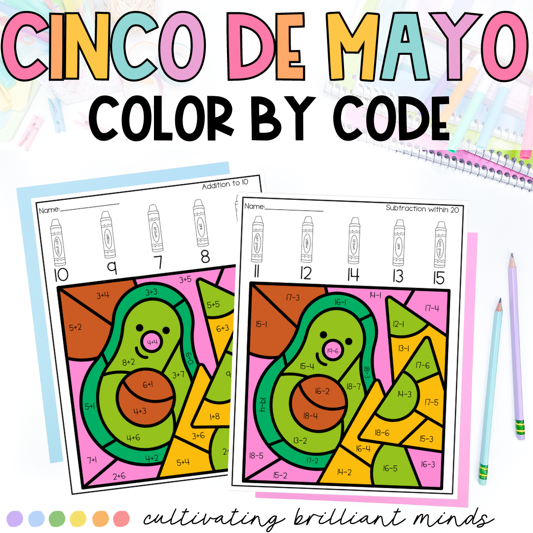 Cinco de Mayo Math Color By Code Avocado | Addition, Subtraction ...