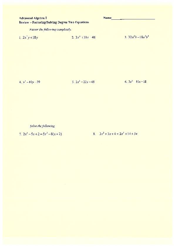 Algebra 1 Honors Solving Equations by Factoring Review Part 1 - Classful