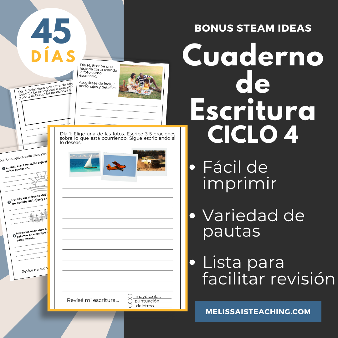 Daily Spanish Writing Warm-Up Journal Revisión, Escritura Diaria Ciclo 4