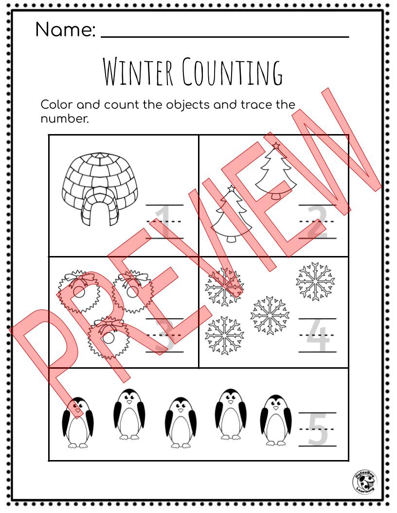 Winter Pre-K Math Practice | Various Counting Worksheets - Classful, image size:816x1056