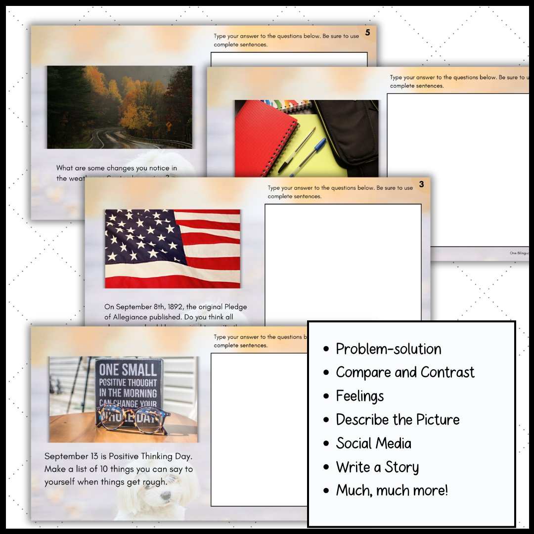 ESL Bell Ringers Writing Prompts with Pictures for September - Classful