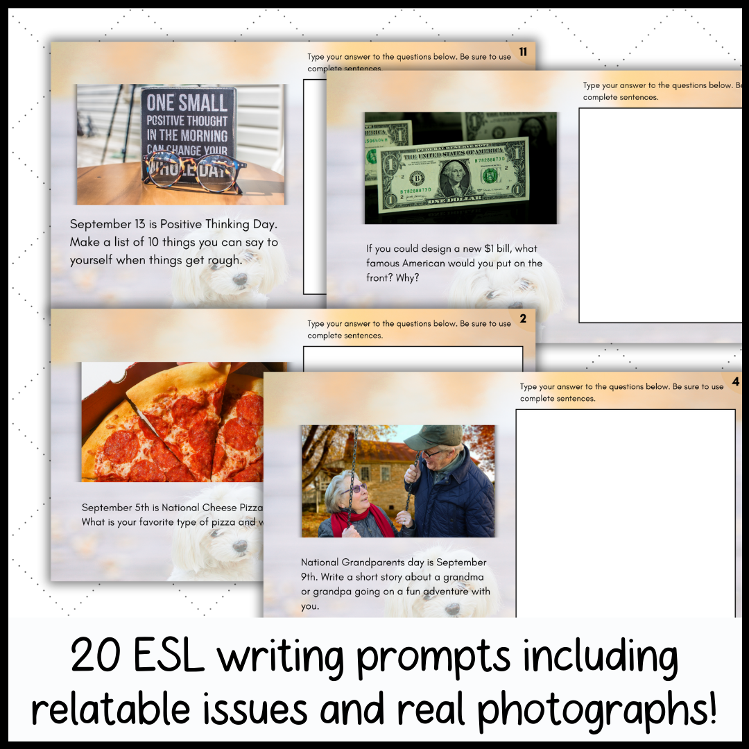 ESL Bell Ringers Writing Prompts with Pictures for September - Classful