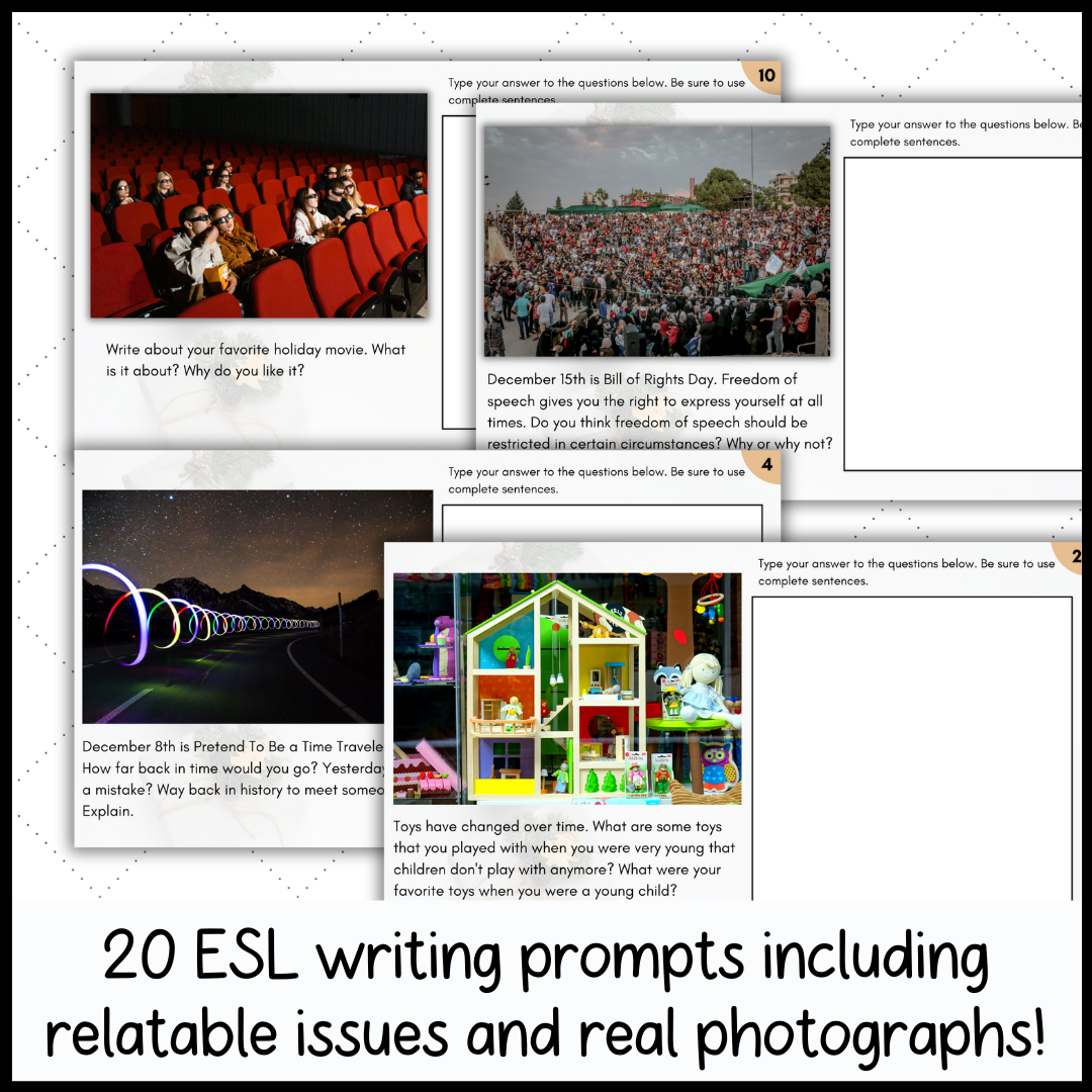 ESL Bell Ringers Writing Prompts with Pictures for December - Classful