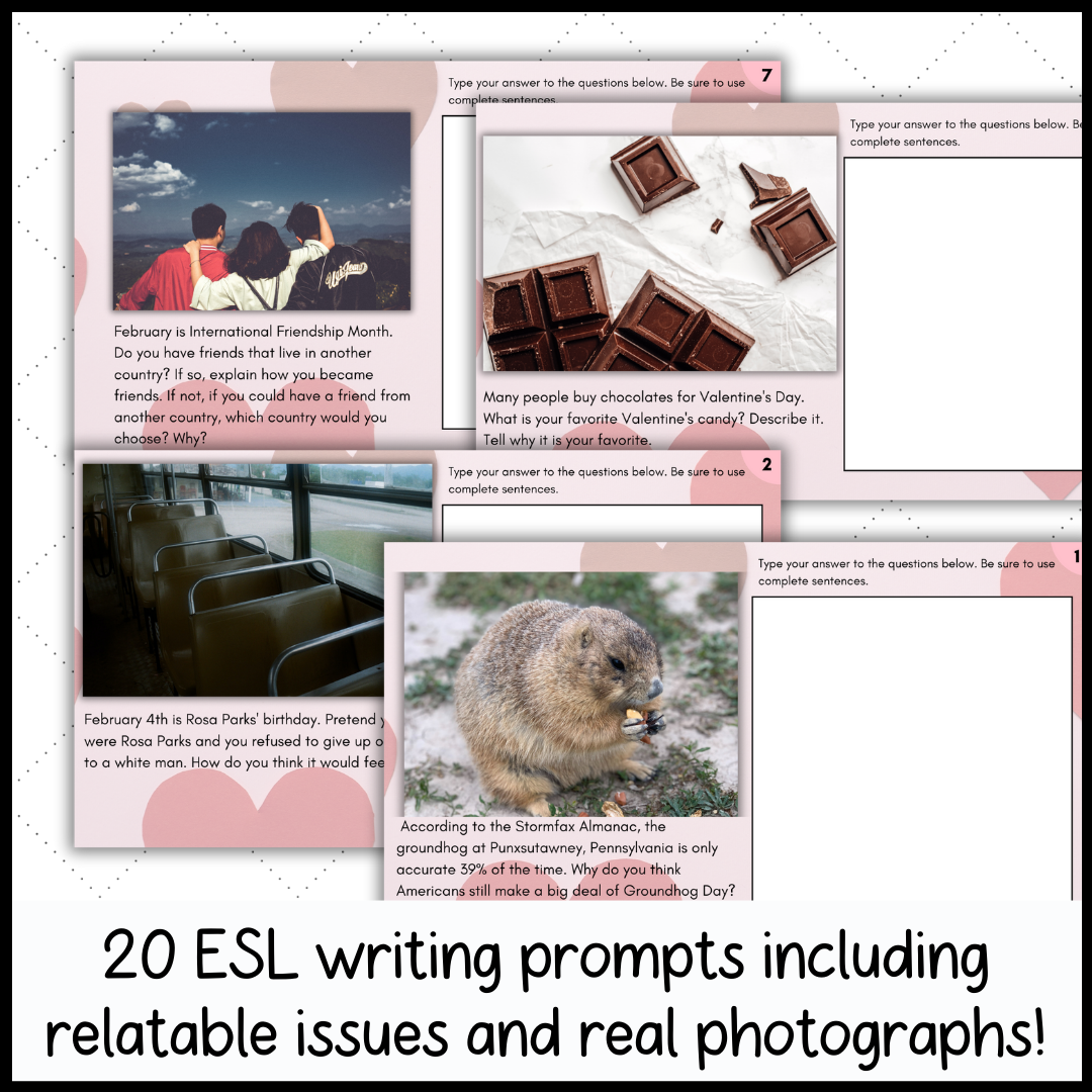ESL Bell Ringers Writing Prompts with Pictures for February - Classful