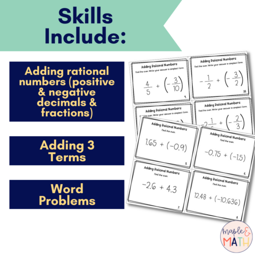 Adding Rational Numbers Decimals and Fractions Task Cards 7th Grade ...