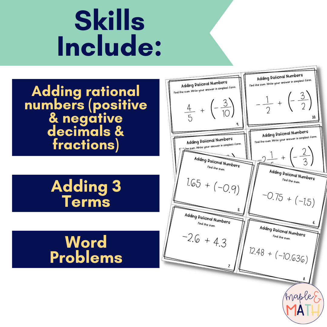 Adding Rational Numbers Decimals and Fractions Task Cards 7th Grade ...