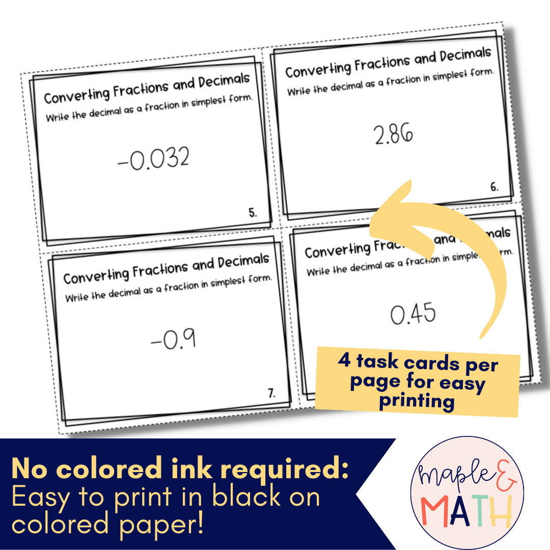 Converting Fractions and Decimals Task Cards 7th Grade - Classful