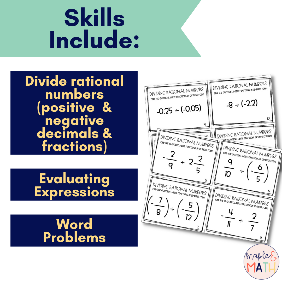 Dividing Rational Numbers Task Cards 7th Grade - Classful