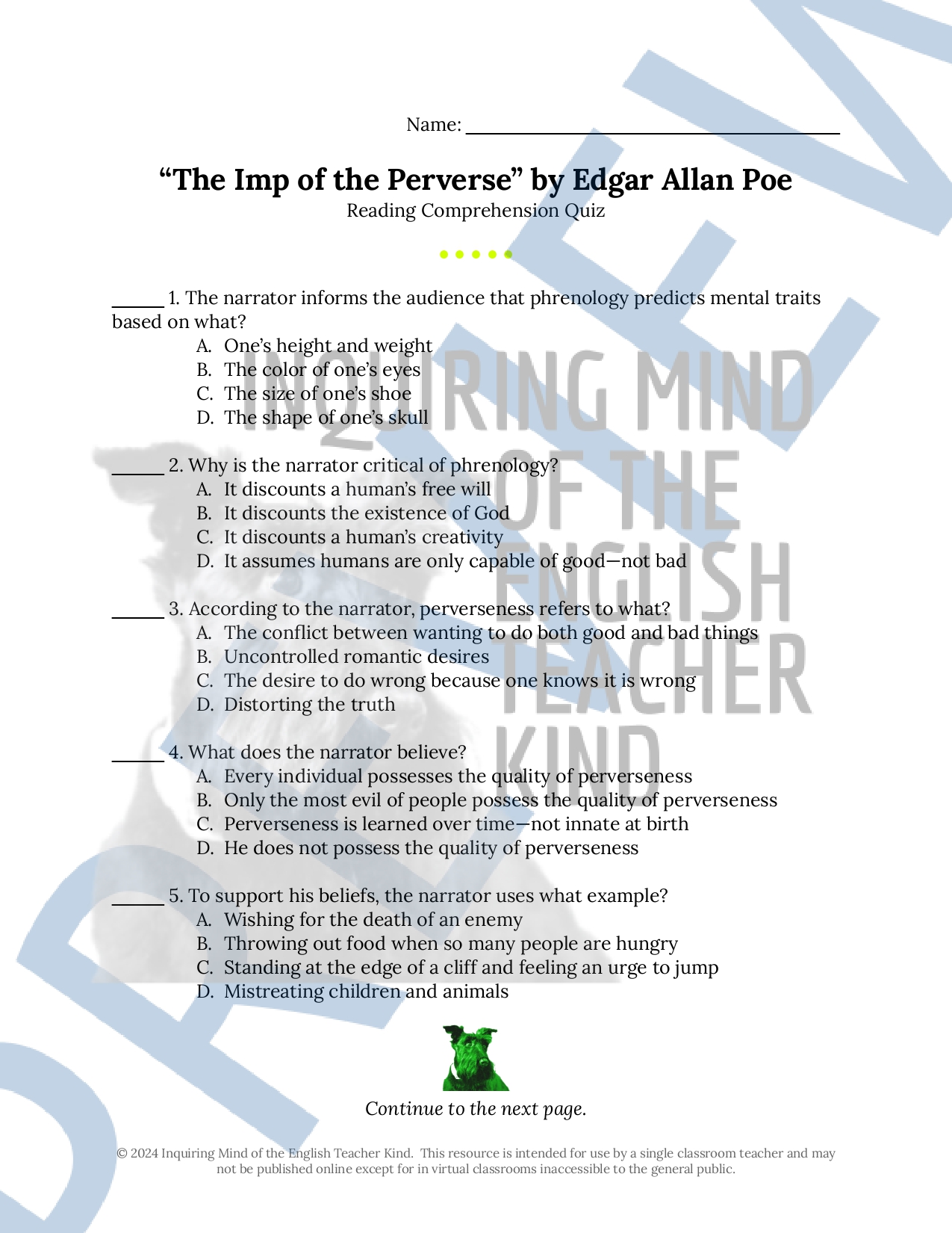 The Imp of the Perverse by Edgar Allan Poe Quiz and Answer Key for High ...