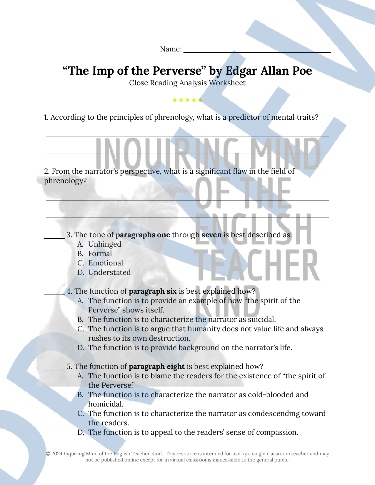 The Imp of the Perverse by Edgar Allan Poe Quiz, Close Reading, and ...