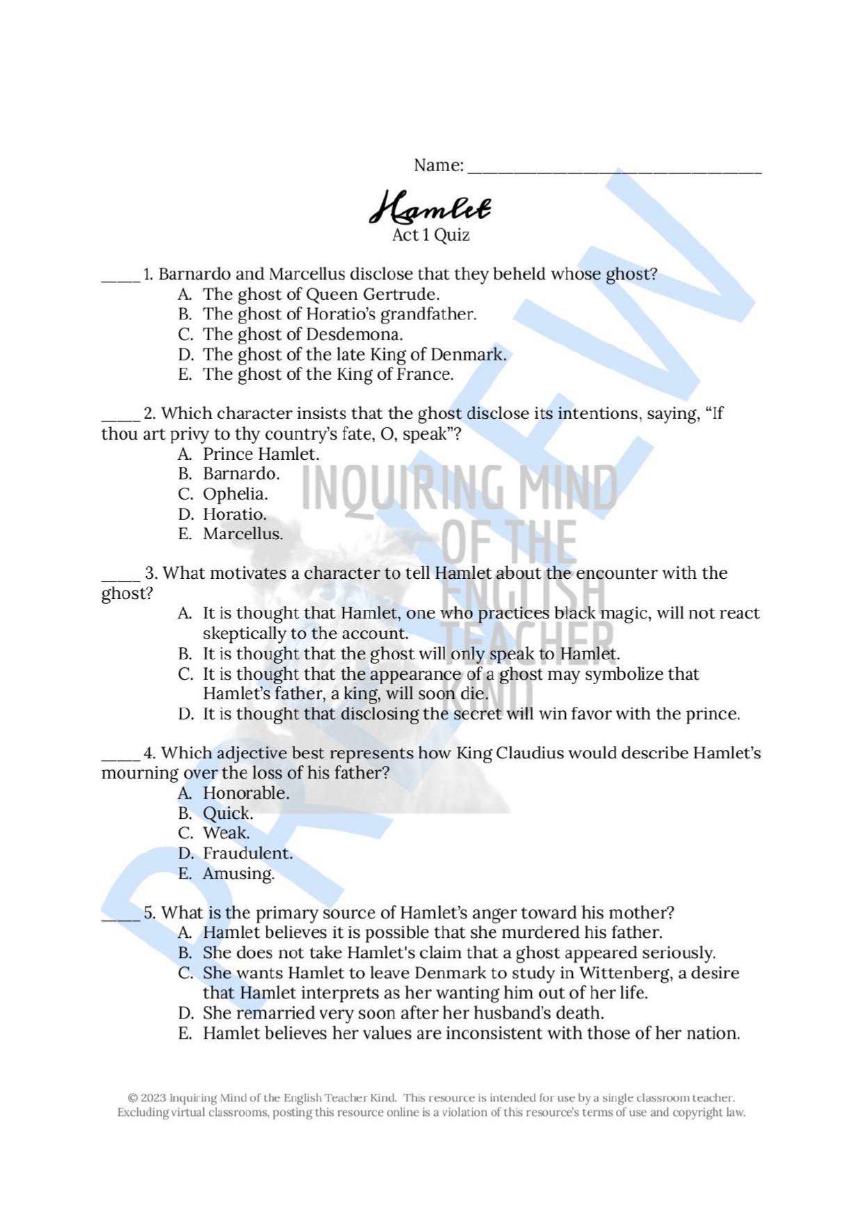 Hamlet Act 1 Quiz, Close Reading Worksheets, and Vocabulary Games