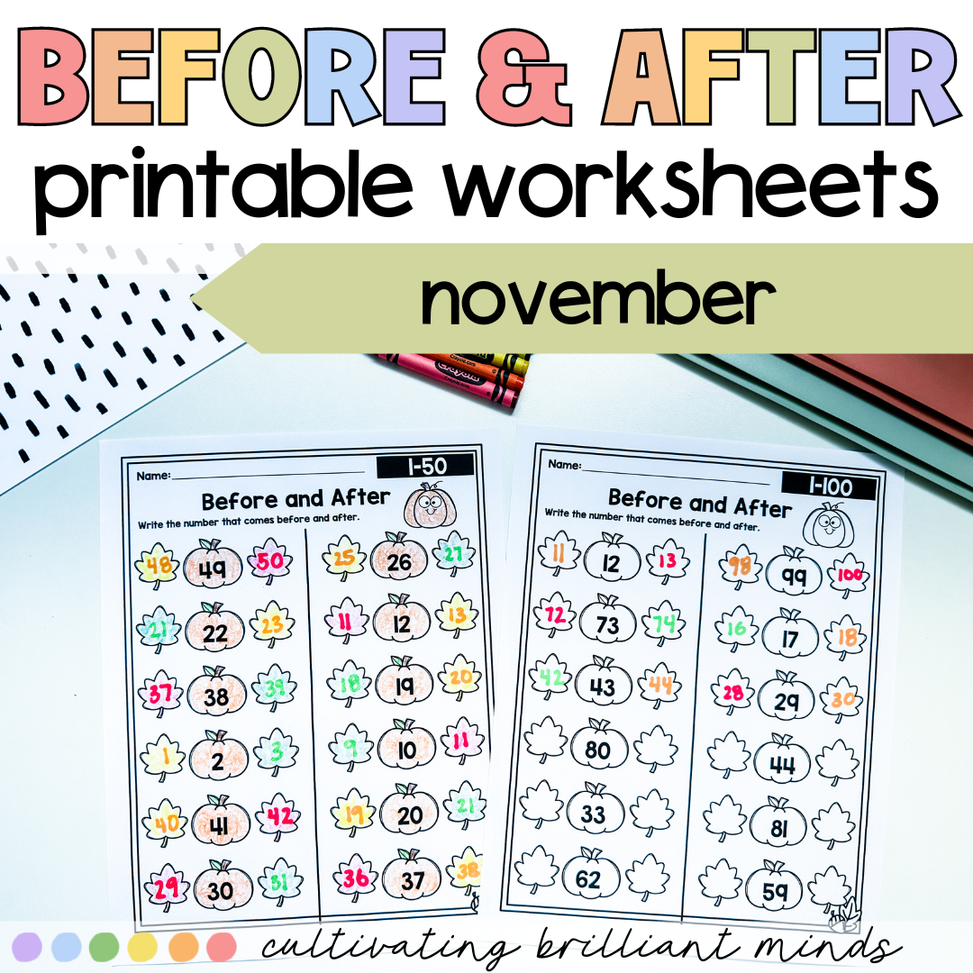 Fall Numbers Before and After| Math Printable Worksheets - Classful