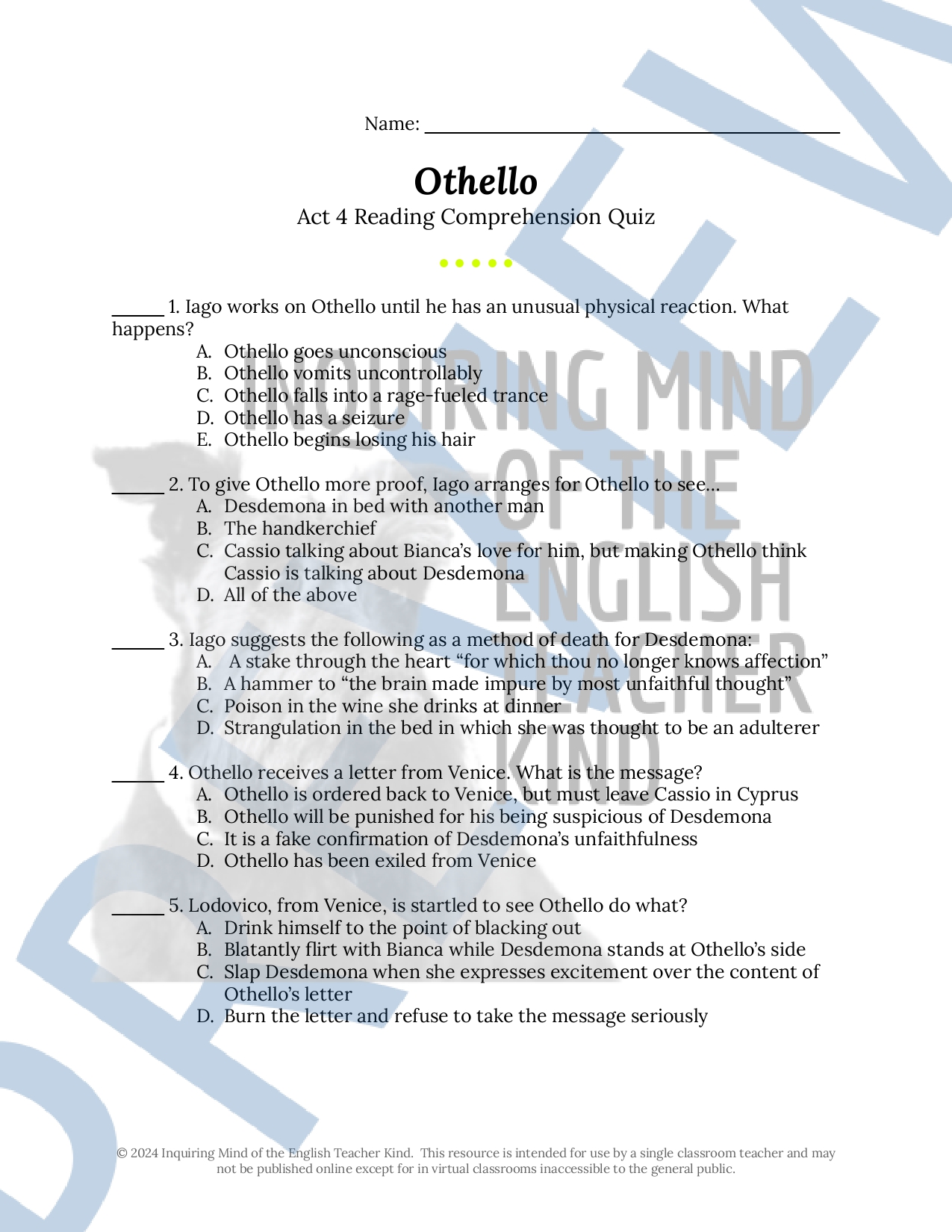 Othello Quiz and Answer Key Bundle for High School - Classful