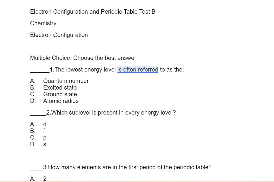 Electron Configuration Test B - Classful